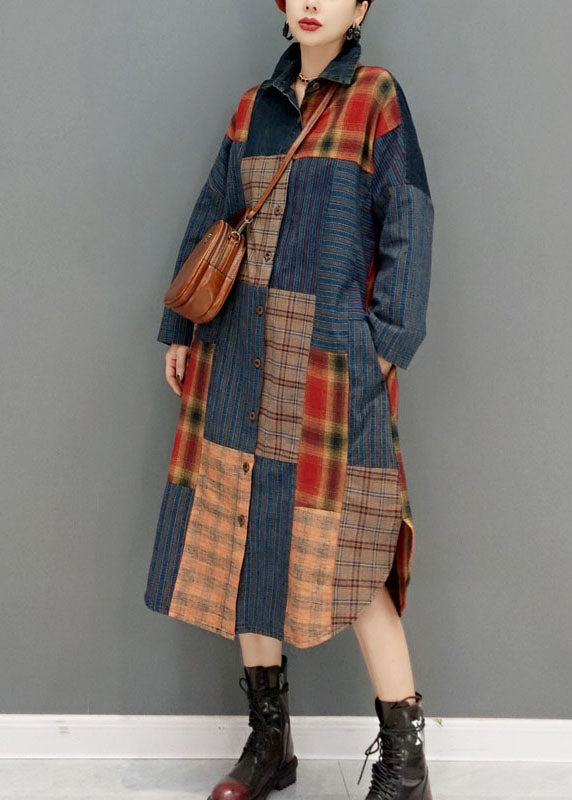 Mode Colorblock Knopf seitlich offen Bubikragen Patchwork Karierte Mäntel Frühling
