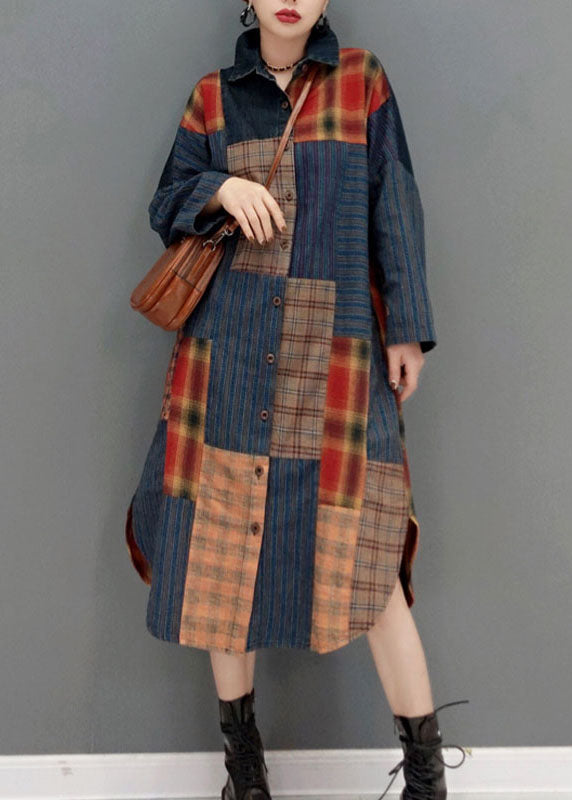 Mode Colorblock Knopf seitlich offen Bubikragen Patchwork Karierte Mäntel Frühling