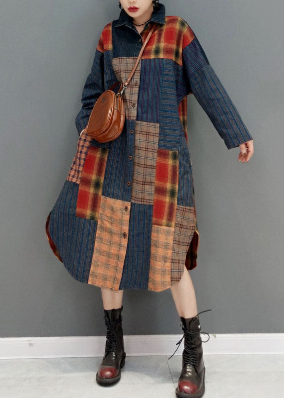 Mode Colorblock Knopf seitlich offen Bubikragen Patchwork Karierte Mäntel Frühling
