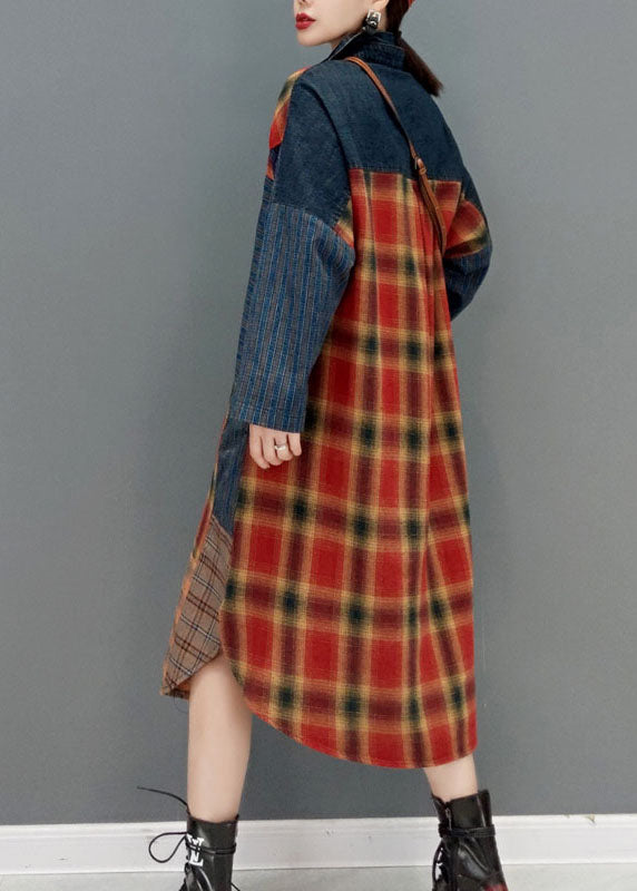 Mode Colorblock Knopf seitlich offen Bubikragen Patchwork Karierte Mäntel Frühling