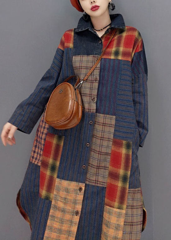 Mode Colorblock Knopf seitlich offen Bubikragen Patchwork Karierte Mäntel Frühling