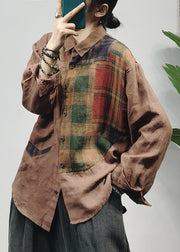 Fashion Green Button Peter Pan Collar Plaid Patchwork Linen Blouse Top Long Sleeve