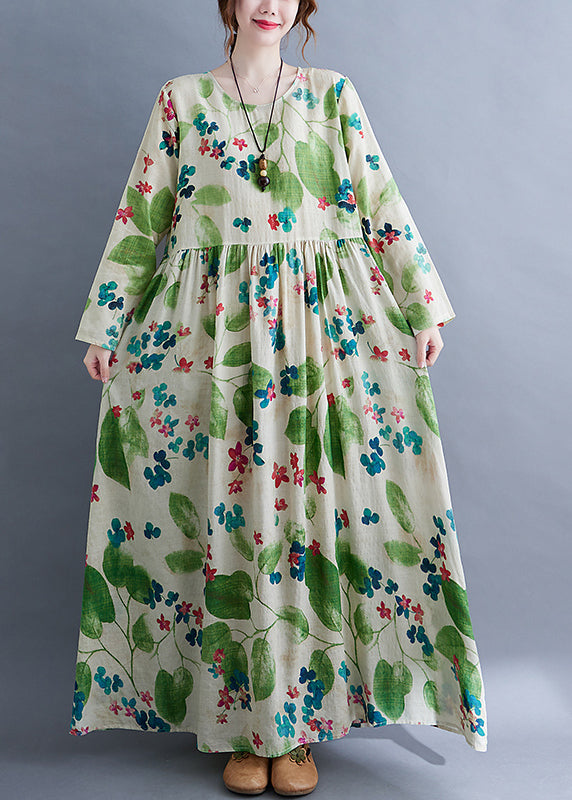 Fashion Green O-Neck Cinched Print Long Dress Long Sleeve