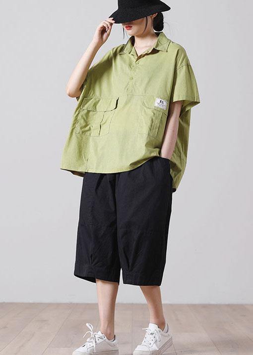Fashion Green Pockets casual Cotton Blouse Tops Short Sleeve - SooLinen