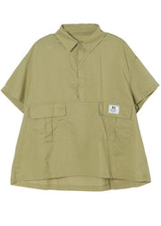 Fashion Green Pockets casual Cotton Blouse Tops Short Sleeve - SooLinen