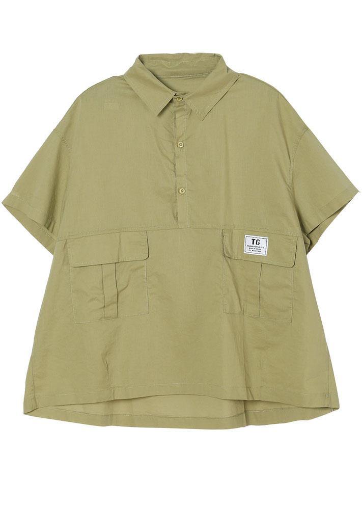 Fashion Green Pockets casual Cotton Blouse Tops Short Sleeve - SooLinen
