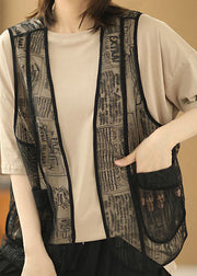 Fashion Khaki O-Neck Solid Color Cotton Tanks And Black Embroideried Tulle Vest Two Pieces Set Summer