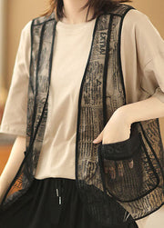 Fashion Khaki O-Neck Solid Color Cotton Tanks And Black Embroideried Tulle Vest Two Pieces Set Summer