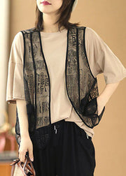 Fashion Khaki O-Neck Solid Color Cotton Tanks And Black Embroideried Tulle Vest Two Pieces Set Summer