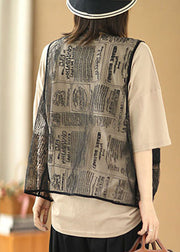 Fashion Khaki O-Neck Solid Color Cotton Tanks And Black Embroideried Tulle Vest Two Pieces Set Summer