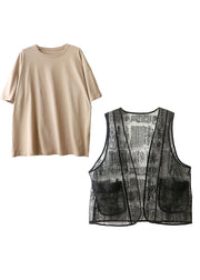 Fashion Khaki O-Neck Solid Color Cotton Tanks And Black Embroideried Tulle Vest Two Pieces Set Summer