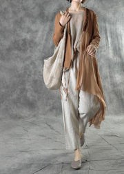 Fashion Khaki Tie Waist Patchwork Asymmetrical Design Fall Jackets Long Sleeve - SooLinen