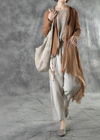 Fashion Khaki Tie Waist Patchwork Asymmetrical Design Fall Jackets Long Sleeve - SooLinen