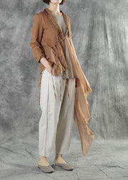 Fashion Khaki Tie Waist Patchwork Asymmetrical Design Fall Jackets Long Sleeve - SooLinen