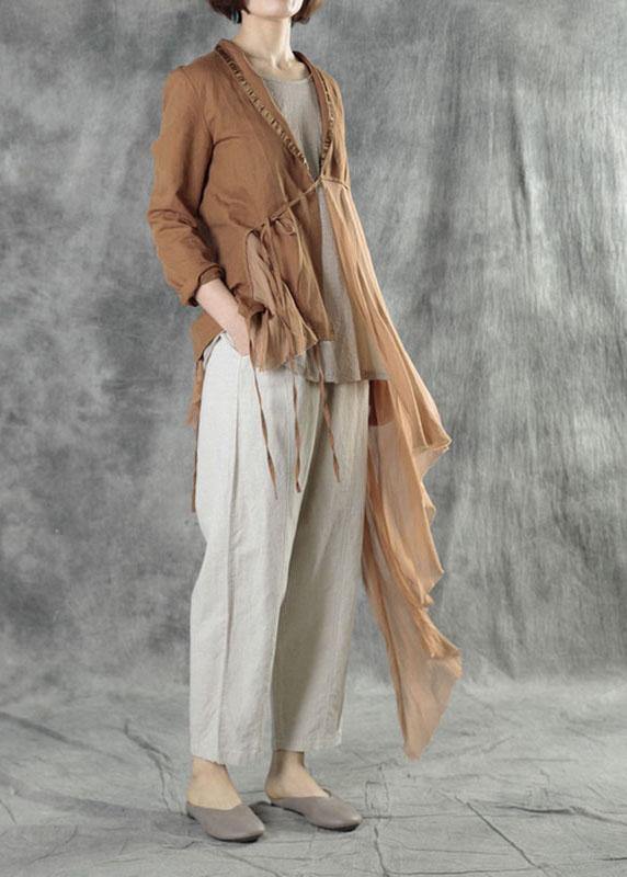 Fashion Khaki Tie Waist Patchwork Asymmetrical Design Fall Jackets Long Sleeve - SooLinen