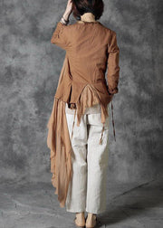 Fashion Khaki Tie Waist Patchwork Asymmetrical Design Fall Jackets Long Sleeve - SooLinen