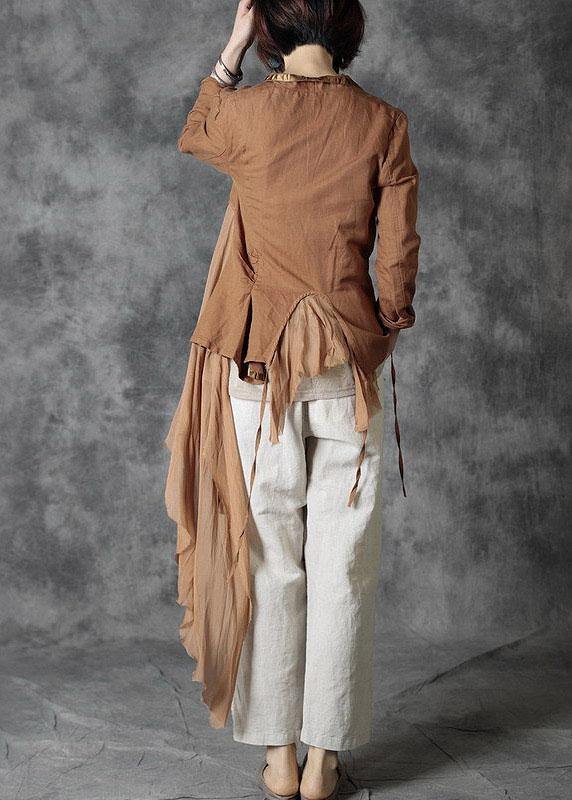 Fashion Khaki Tie Waist Patchwork Asymmetrical Design Fall Jackets Long Sleeve - SooLinen