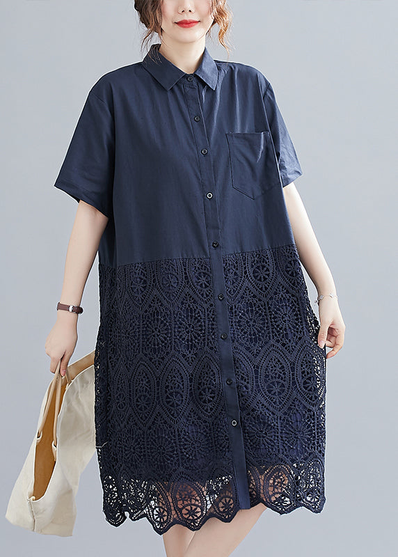 Fashion Navy Bubikragen Knopf Spitze Patchwork aushöhlen Hemdkleid Kurzarm