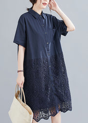 Fashion Navy Bubikragen Knopf Spitze Patchwork aushöhlen Hemdkleid Kurzarm