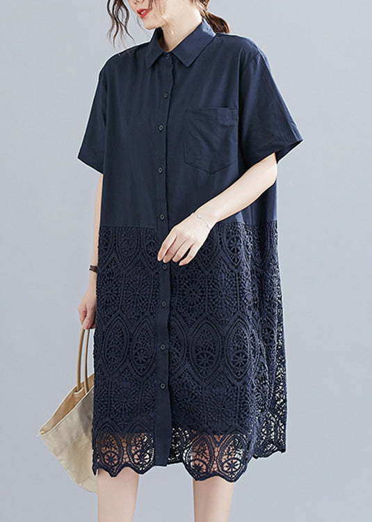 Fashion Navy Bubikragen Knopf Spitze Patchwork aushöhlen Hemdkleid Kurzarm