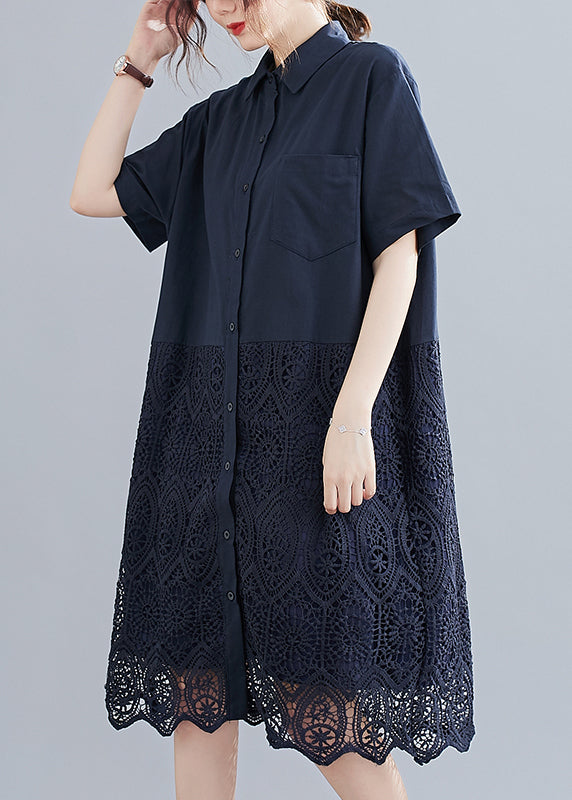 Fashion Navy Bubikragen Knopf Spitze Patchwork aushöhlen Hemdkleid Kurzarm