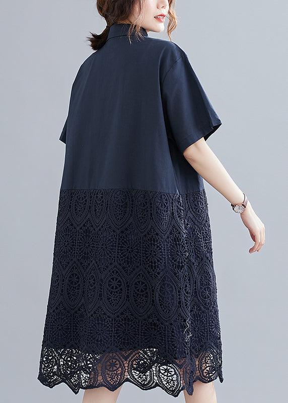 Fashion Navy Bubikragen Knopf Spitze Patchwork aushöhlen Hemdkleid Kurzarm