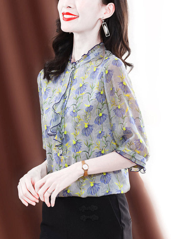 Fashion O-Neck Ruffled Print Silk Shirts Half Sleeve