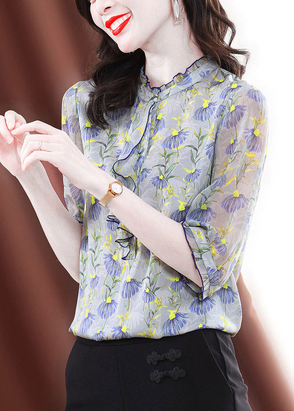 Fashion O-Neck Ruffled Print Silk Shirts Half Sleeve