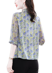 Fashion O-Neck Ruffled Print Silk Shirts Half Sleeve