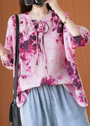 Fashion Pink Print Short Sleeve Summer Cotton Shirt Top - SooLinen