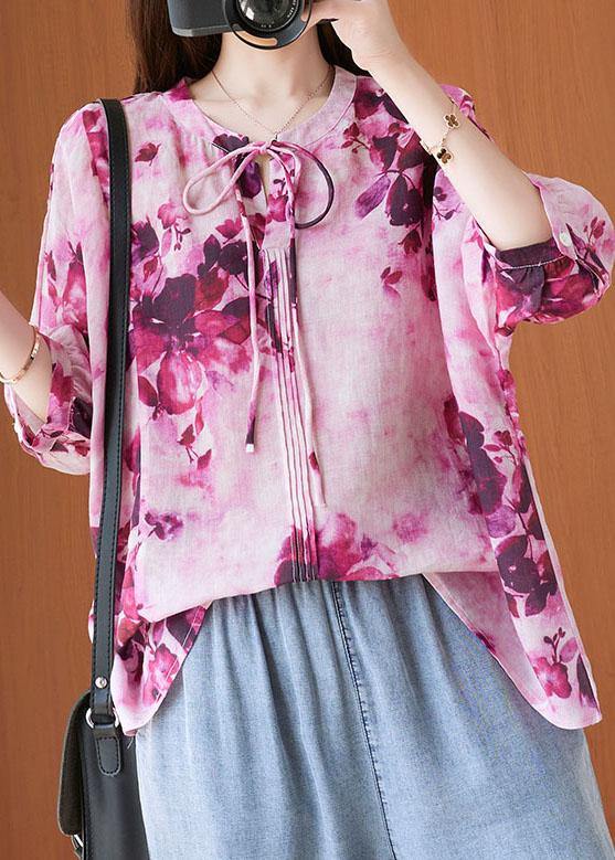 Fashion Pink Print Short Sleeve Summer Cotton Shirt Top - SooLinen