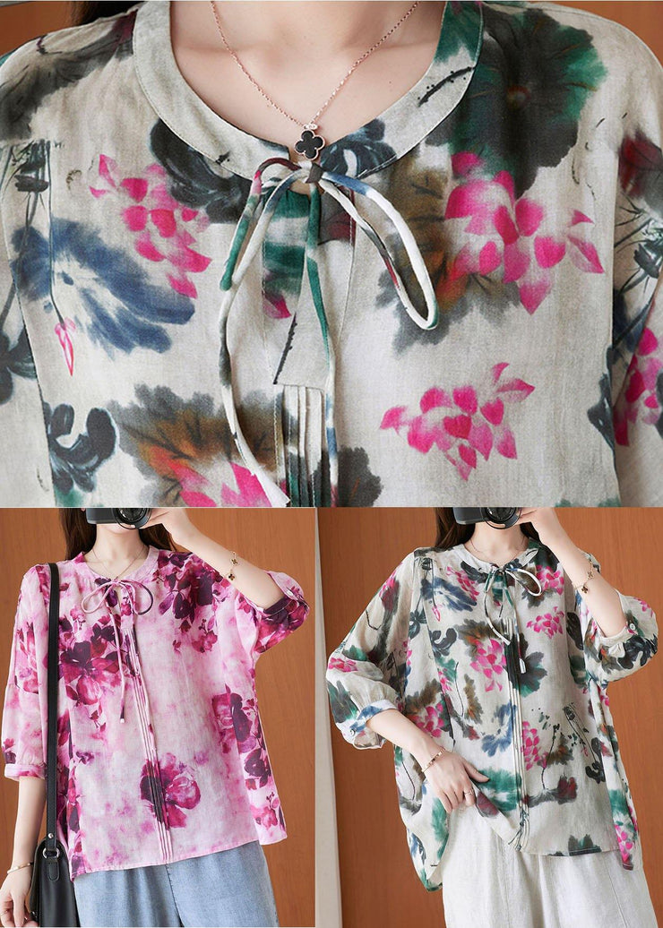 Fashion Pink Print Short Sleeve Summer Cotton Shirt Top - SooLinen