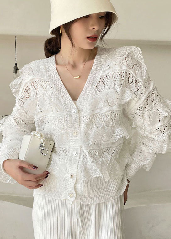 Fashion White V-Ausschnitt aushöhlen gekräuselte Blusen Frühling