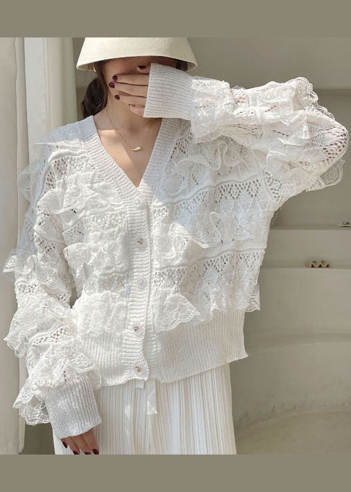 Fashion White V-Ausschnitt aushöhlen gekräuselte Blusen Frühling