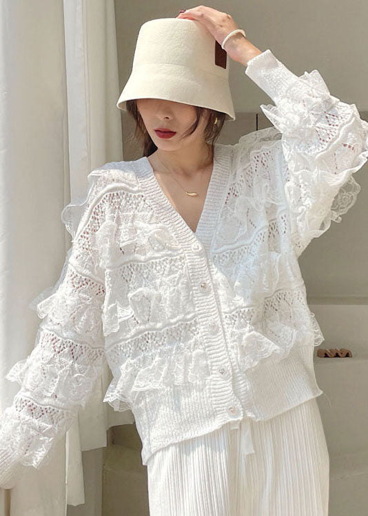 Fashion White V-Ausschnitt aushöhlen gekräuselte Blusen Frühling