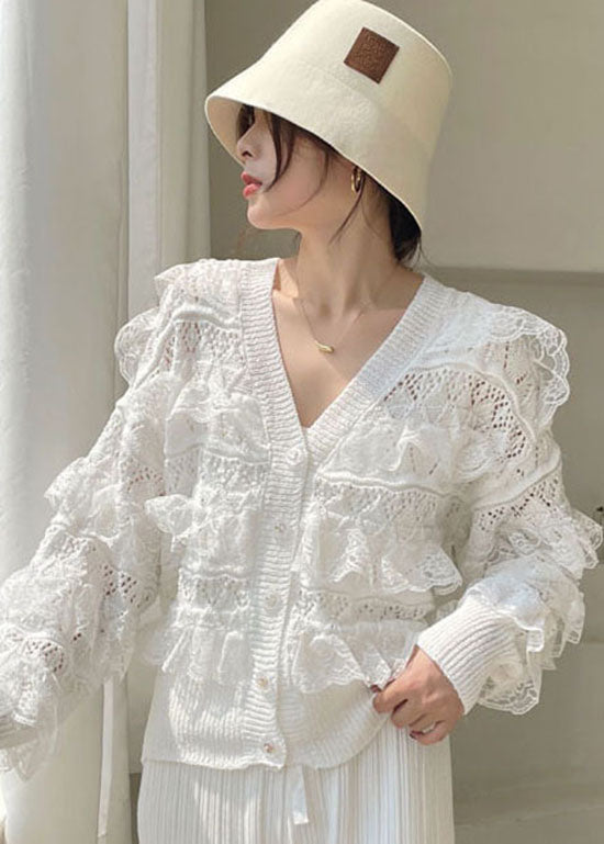 Fashion White V-Ausschnitt aushöhlen gekräuselte Blusen Frühling