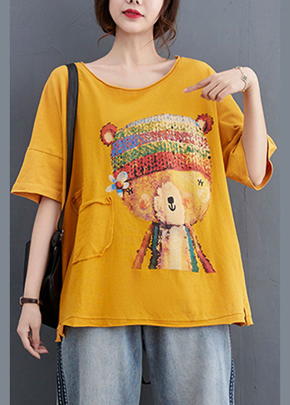 Fashion Yellow Loose O-Neck Print Fall Tees Half Sleeve