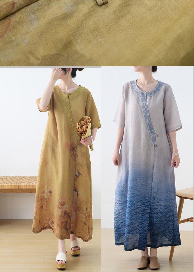 Fashion Yellow Print Oriental Party Dress Summer Linen Dress - SooLinen