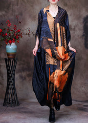 Fashion Yellow V Neck Asymmetrical Patchwork 2025 Silk Long Dress Half Sleeve