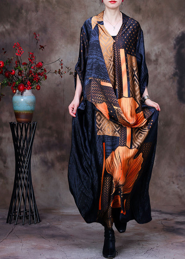 Fashion Yellow V Neck Asymmetrical Patchwork 2025 Silk Long Dress Half Sleeve