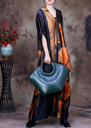 Fashion Yellow V Neck Asymmetrical Patchwork 2025 Silk Long Dress Half Sleeve