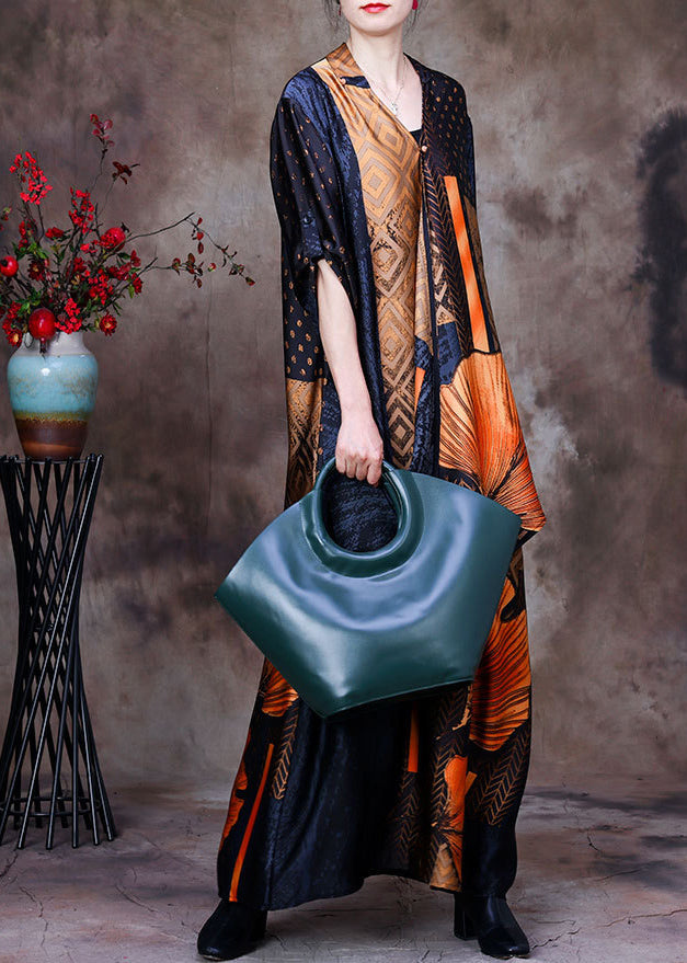 Fashion Yellow V Neck Asymmetrical Patchwork 2025 Silk Long Dress Half Sleeve