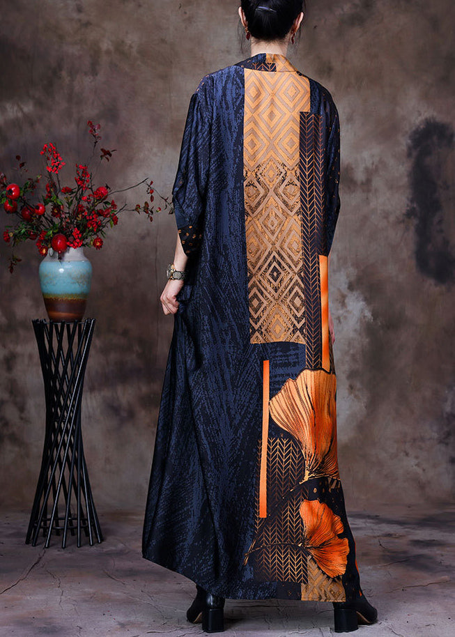 Fashion Yellow V Neck Asymmetrical Patchwork 2025 Silk Long Dress Half Sleeve