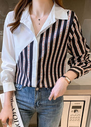 Fashion black White Peter Pan Collar button Striped Patchwork Chiffon Shirt Tops Long Sleeve