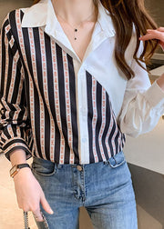 Fashion black White Peter Pan Collar button Striped Patchwork Chiffon Shirt Tops Long Sleeve