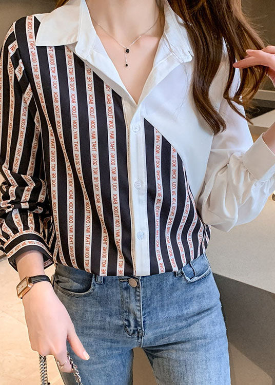 Fashion black White Peter Pan Collar button Striped Patchwork Chiffon Shirt Tops Long Sleeve