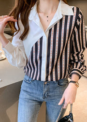Fashion black White Peter Pan Collar button Striped Patchwork Chiffon Shirt Tops Long Sleeve