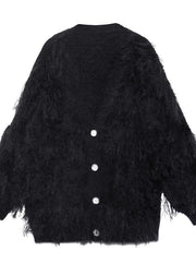 Fashion black sweaters casual v neck Tassel clothes For Women - SooLinen