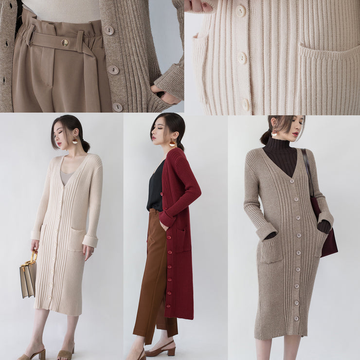 Fashion burgundy maxi coat Loose fitting V neck  long coat Fine pockets coats