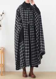 Fashion casual maxi coat outwear black white plaid lapel pockets Woolen Coats - SooLinen